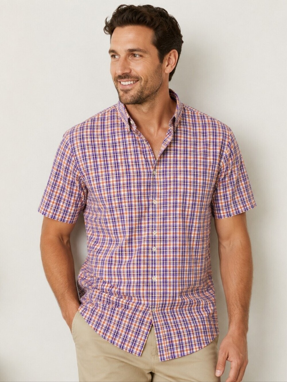 👔🟣🟠 Maker & Company Plaid Button-Up Shirt | Men's Large | Short Sleeve